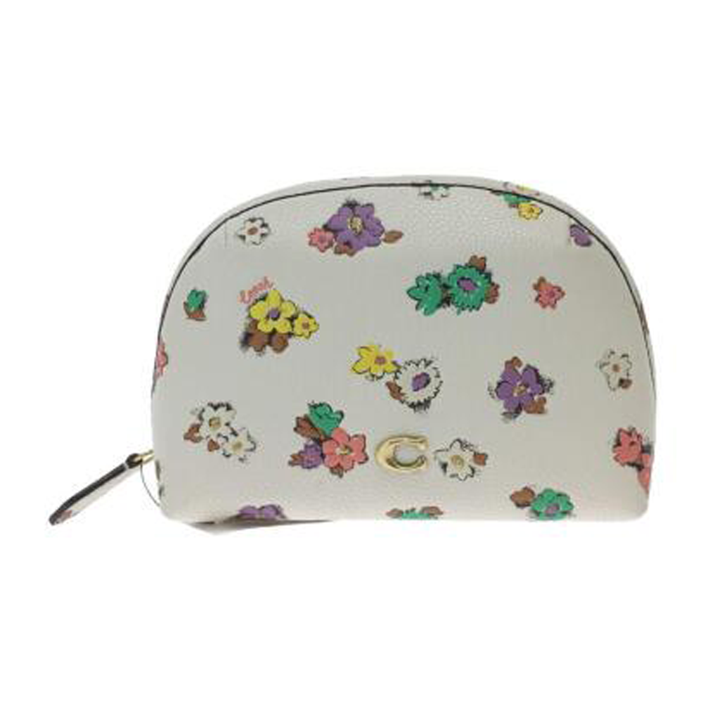 Coach Julienne Cosmetic Case 17 Floral Print Chalk Brass Leather Handbag Bag