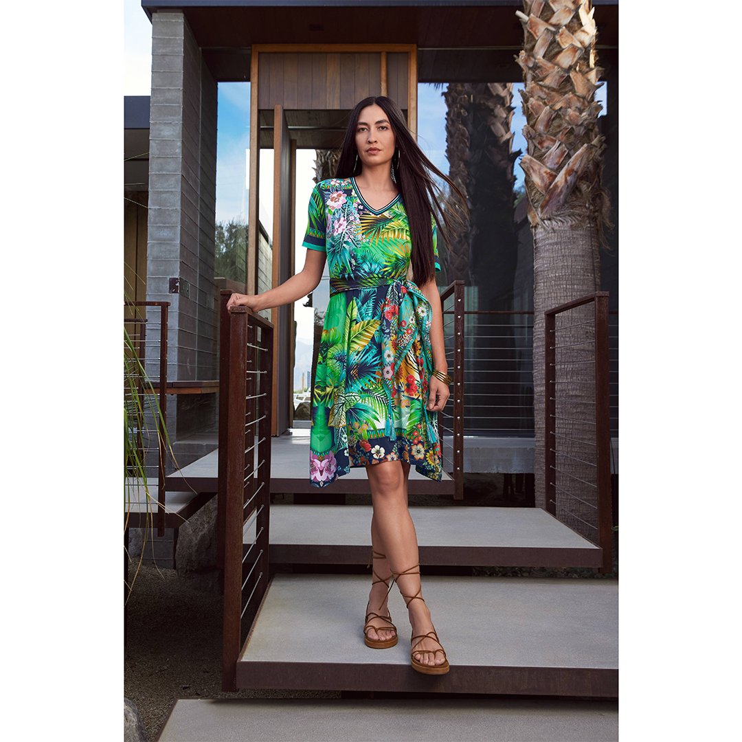 Johnny Was Janie Favorite Tigres Short Sleeve Swing Dress Floral Green Blue  NEW