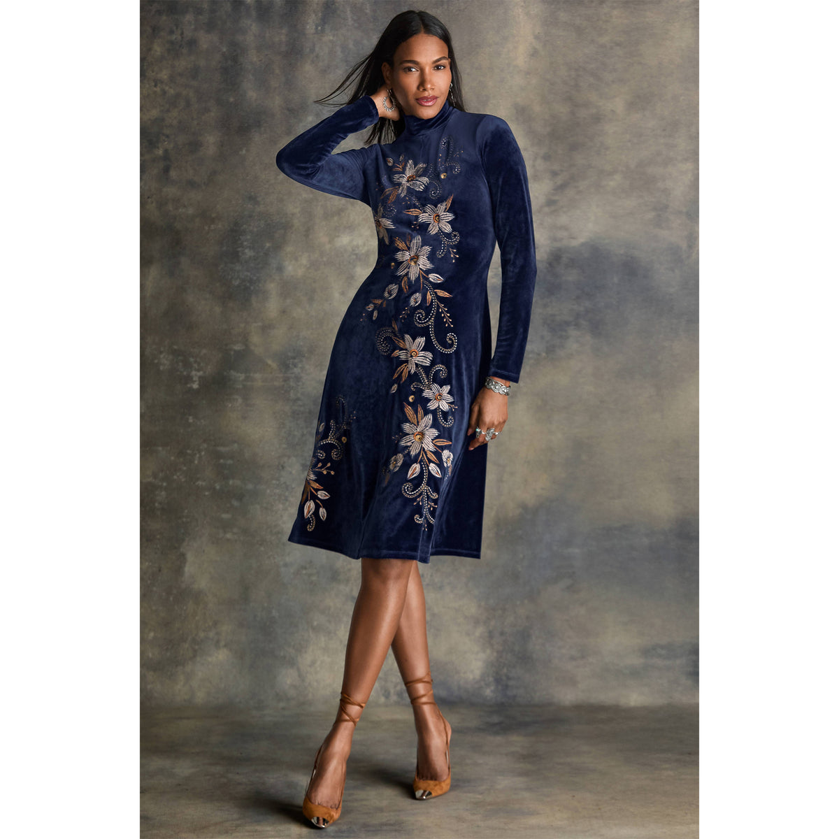 johnny was marguerite mesh dress Johnny Was Women's Stretch Velvet Mock Neck Dress in Blue, Size 2XL, Floral