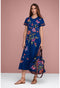 Johnny Was Gracey Crew Neck Swing Long Dress Sailor Blue Floral Embroidered New