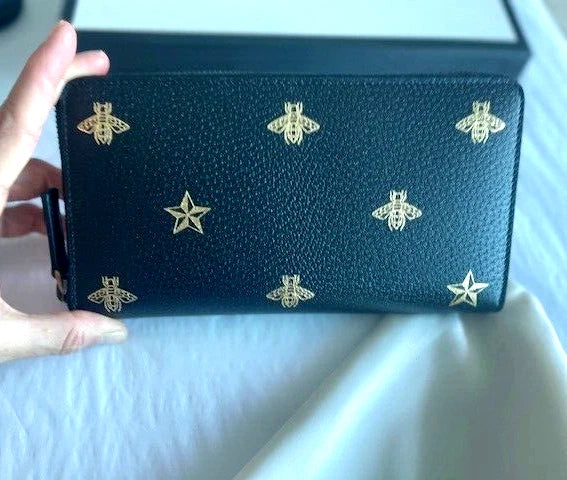 Gucci Bee Star Design Black Leather Long Wallet Women Zip Around