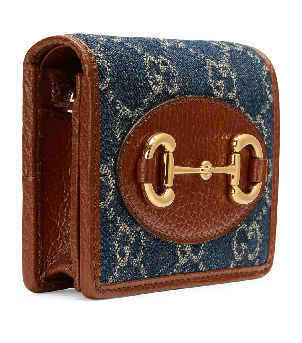 Gucci Horsebit 1955 GG Card Case Wallet Brown Leather Denim