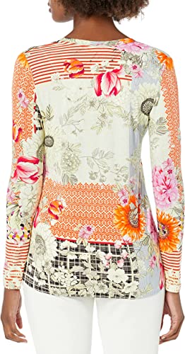 Johnny Was Milly Favorite V Neck Tee Shirt Beige Long Sleeve Pink Floral Top New