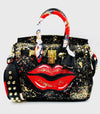 Anca Barbu Satchel Black Top Handle Lips Red Gold Leather Bag Handbag New SMALL