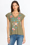 Johnny Was Grace Flutter Sleeve Tee Shirt Moss Green Top Short Floral NEW