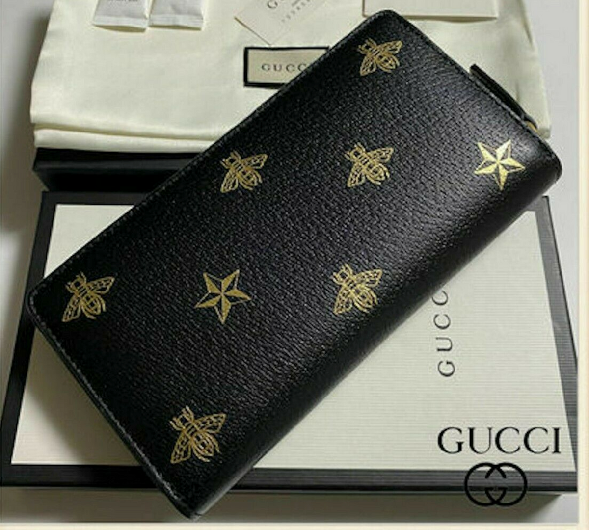 Gucci Black Leather Large Long Wallet Zip Around Gold Oro Bee Star Ita– Bag  Lady Shop