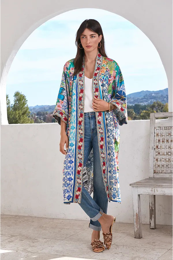 Johnny Was Cozumel Eliza Kimono Reversible Red Flowers Silk Blue