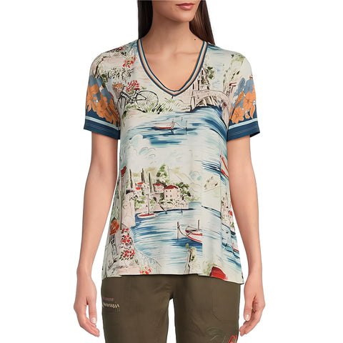 Johnny Was Vakash Janie Favorite Short Sleeve Swing Tee Shirt Top White Blue New