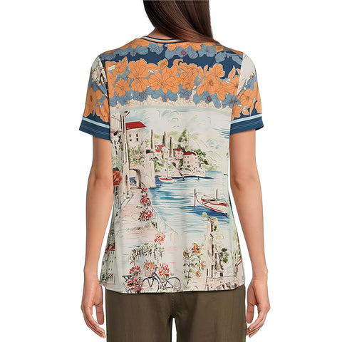 Johnny Was Vakash Janie Favorite Short Sleeve Swing Tee Shirt Top White Blue New