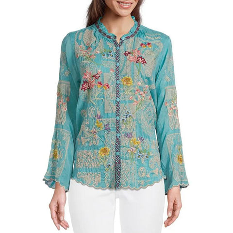 Johnny Was Allbee Blouse Marine Blue Silk Shirt Top Flower Embroidery Floral New