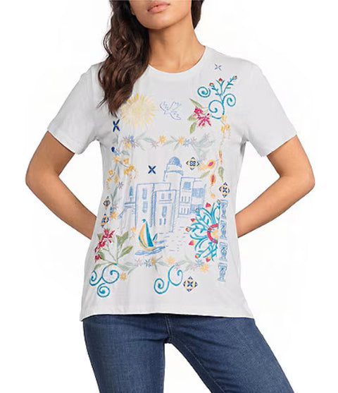 Johnny Was Santorini Crew Short Tee White Cotton Shirt Floral Embroidery Top NEW