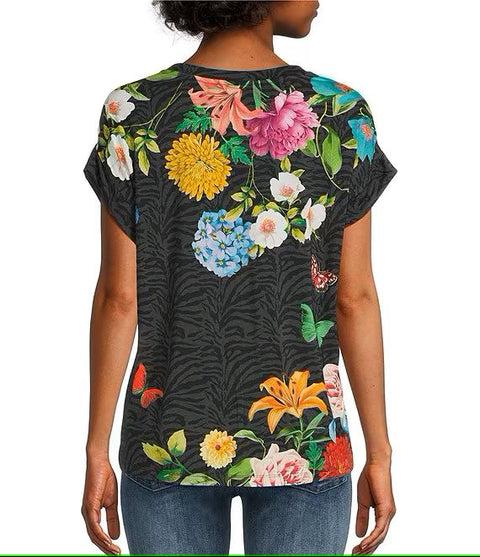 Johnny Was Blooming Breeze Pullover Hoodie Sweatshirt Floral Grey Black Top NEW