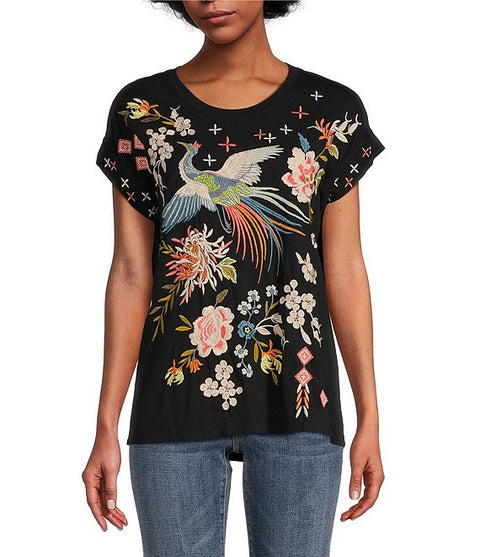 Johnny Was Ceretti Relaxed Tee Special Flower Black Floral Bird Cotton Shirt Top NEW