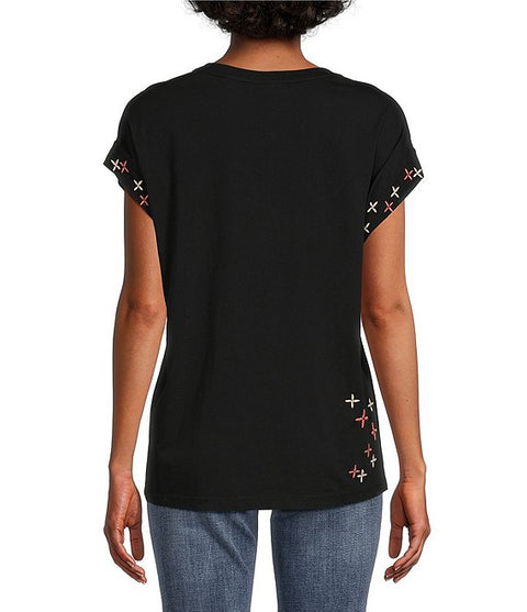 Johnny Was Ceretti Relaxed Tee Special Flower Black Floral Bird Cotton Shirt Top NEW