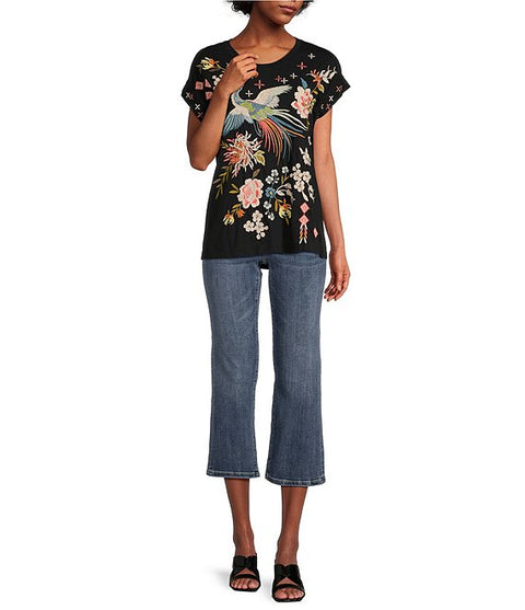 Johnny Was Ceretti Relaxed Tee Special Flower Black Floral Bird Cotton Shirt Top NEW