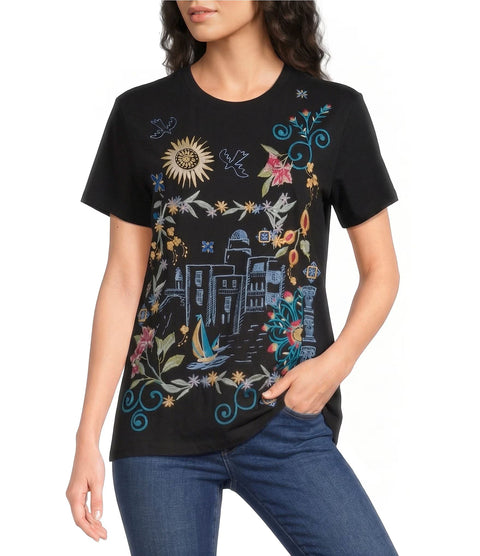 Johnny Was Santorini Crew Short Tee Floral Embroidery Shirt Cotton Black Top NEW