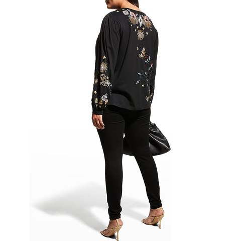 Johnny Was Selah Cuffed Puff Long Sleeve Tee Black Crew Neck Floral Shirt Top NEW