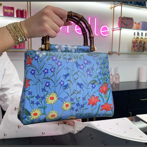 Gucci Nymphae Azure Shanghai Leather Handbag Snap Floral Blue Gold Bag Purse NEW
