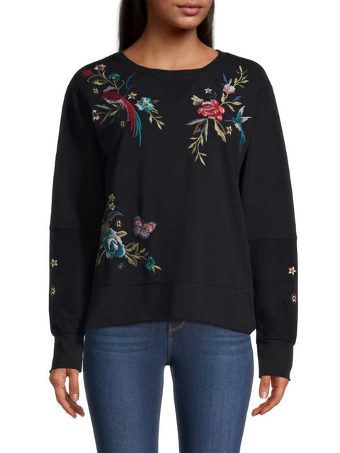 Johnny Was Gen French Terry Pullover Floral Embroidered Top Sweatshirt Black New