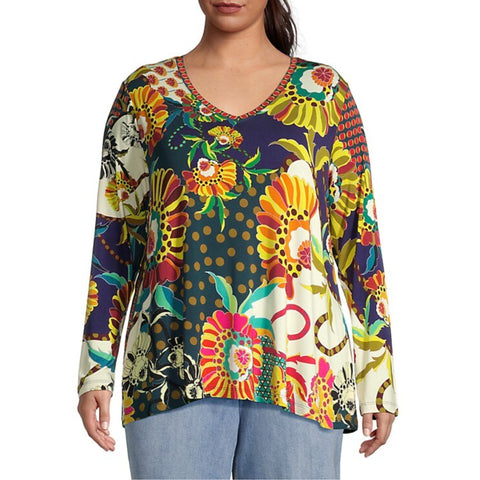 Johnny Was Kimbra Favorite Long Shirt Flared Swing Tee Floral Yellow Top XL NEW