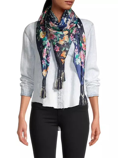 Johnny Was Bursting Scarf Navy Blue Floral Silk Square Large Women Tassel NEW