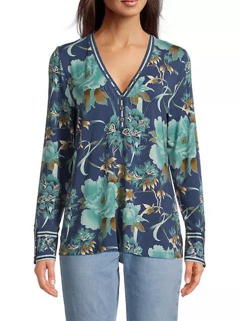 Johnny Was Janie Favorite Henley Peonee Blue Long Sleeve Tee Floral Shirt Top Small NEW