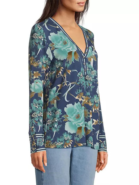 Johnny Was Janie Favorite Henley Peonee Blue Long Sleeve Tee Floral Shirt Top Small NEW
