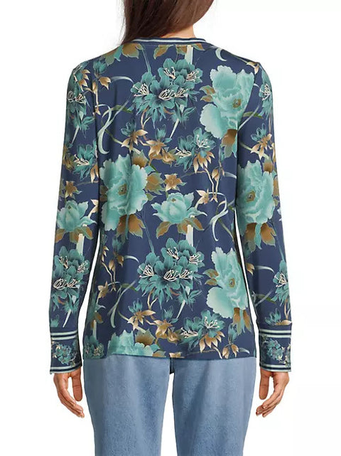 Johnny Was Janie Favorite Henley Peonee Blue Long Sleeve Tee Floral Shirt Top Small NEW