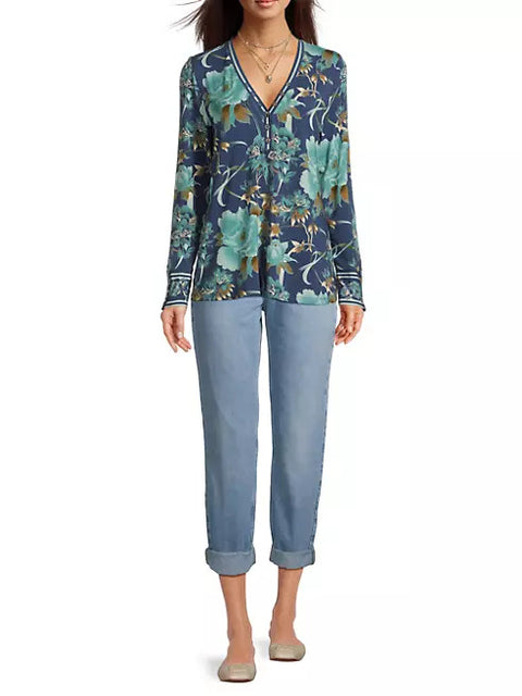 Johnny Was Janie Favorite Henley Peonee Blue Long Sleeve Tee Floral Shirt Top Small NEW