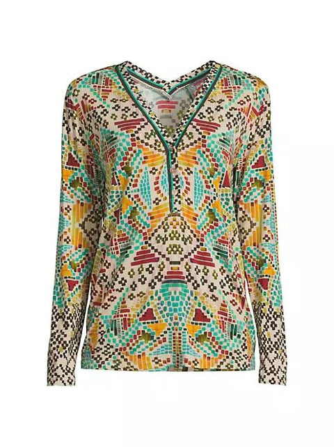 Johnny Was Etris Janie Favorite Long Sleeve Button Henley Tee Shirt Beige Top NEW