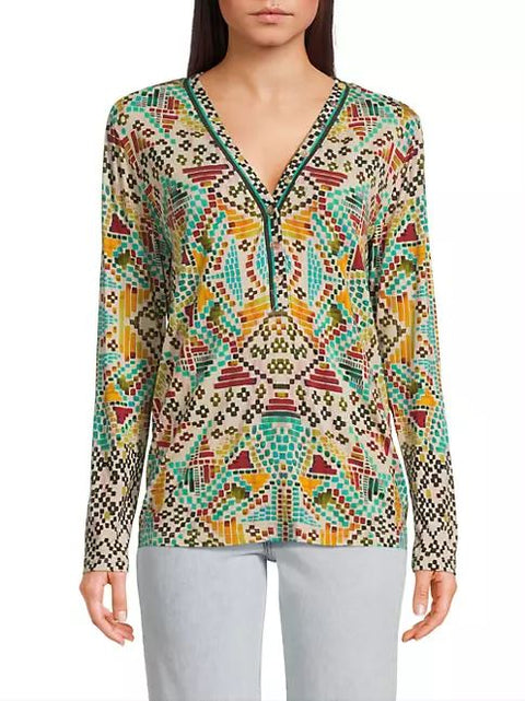 Johnny Was Etris Janie Favorite Long Sleeve Button Henley Tee Shirt Beige Top NEW