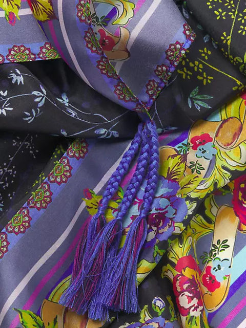 Johnny Was Magic Garden Silk Scarf Flowers Large Square Floral Tassels Black NEW