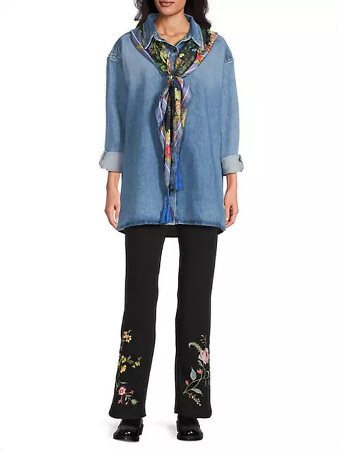Johnny Was Magic Garden Silk Scarf Flowers Large Square Floral Tassels Black NEW