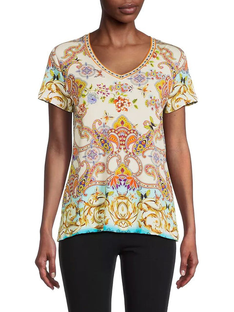 Johnny Was Janie Favorite Scroll Tee Short Sleeve V Neck Shirt White Gold Top NEW