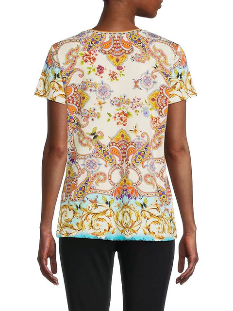 Johnny Was Janie Favorite Scroll Tee Short Sleeve V Neck Shirt White Gold Top NEW
