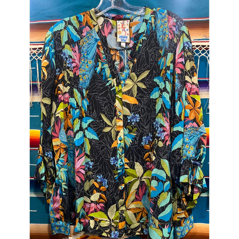 Johnny Was Vacanza Blouse Paon Floral Black Button Flower Blue Shirt Top NEW