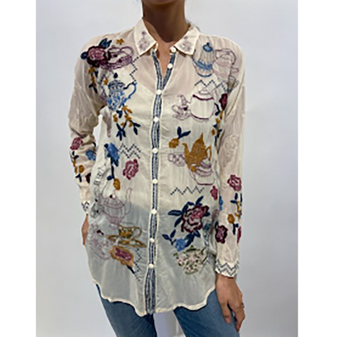 Johnny Was Tea Time Blouse White Top Button Shirt Long Sleeve Embroidery New