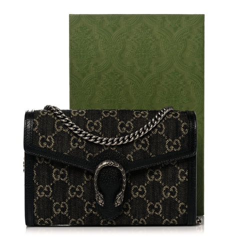 Gucci Dionysus GG Mini Chain Wallet Black Denim Handbag Silver Italy Bag NEW