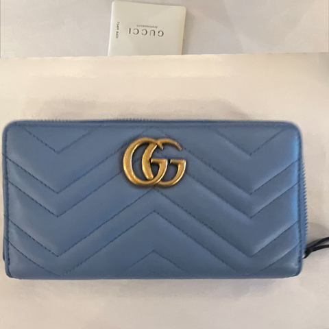 Gucci GG Marmont Chevron Blue Gold Continental Wallet Leather Box Zip Around New