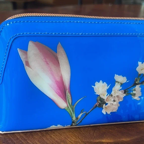 Ted Baker Royal Blue Floral Light Pink Cosmetic Make Up Zip Bag Handbag Vinyl New