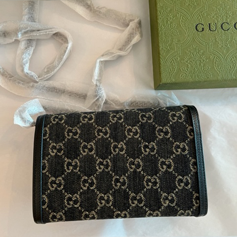 Gucci Dionysus GG Mini Chain Wallet Black Denim Handbag Silver Italy Bag NEW
