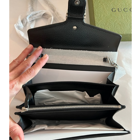 Gucci Dionysus GG Mini Chain Wallet Black Denim Handbag Silver Italy Bag NEW