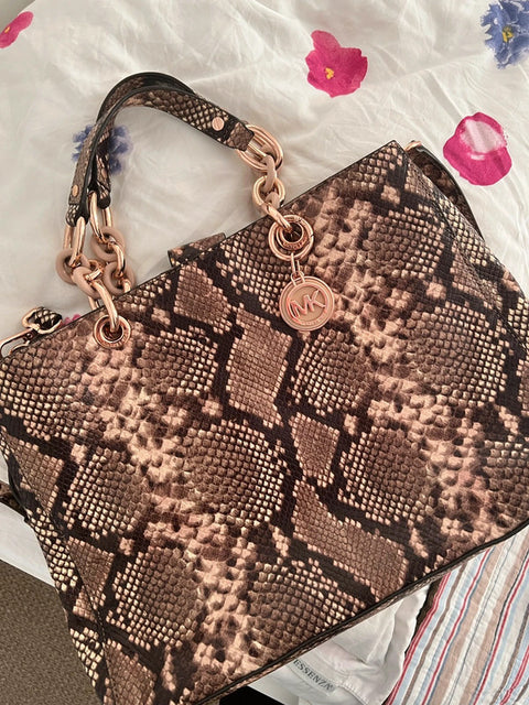 MICHAEL KORS Cynthia Medium Brown Python Embossed Leather Shoulder Bag Purse New