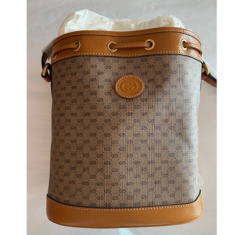 GUCCI GG Disney X Mickey Mouse Print Bucket Leather Tan Brown Italy Bag Mini NEW