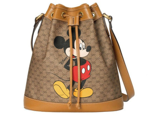 GUCCI GG Disney X Mickey Mouse Print Bucket Leather Tan Brown Italy Bag Mini NEW