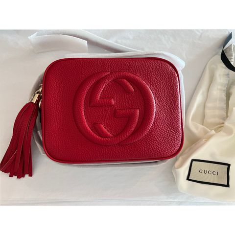 Gucci Soho 308364 Red Camera Gold Chain GG Logo Leather Shoulder Bag Itay NEW