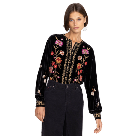 Johnny Was Quinn Velvet Mandarin Shirt Long Sleeves Embroidered Top Black NEW