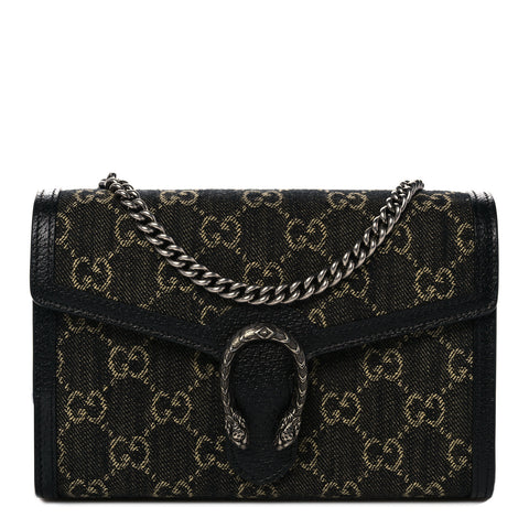 Gucci Dionysus GG Mini Chain Wallet Black Denim Handbag Silver Italy Bag NEW