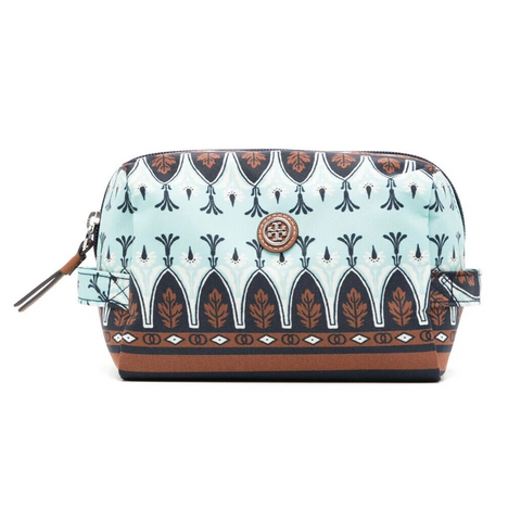 Tory Burch Virginia Cosmetic Case Blue Brown Pouch Bag Tori Handbag Make Up New