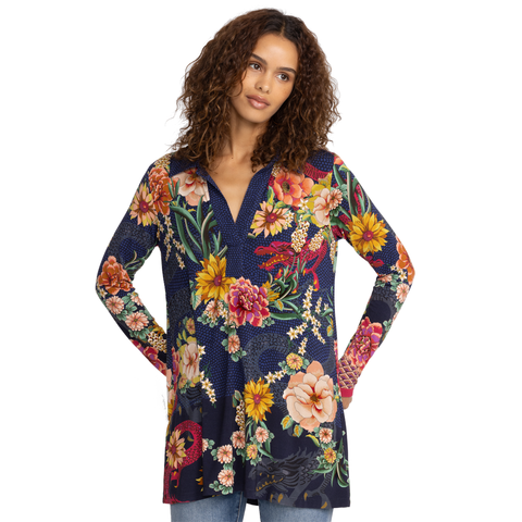 Johnny Was Janie Dragona Polo Swing Tunic Navy Blue Floral Top Shirt Medium NEW